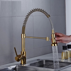 MAX FAUCETS Pull-Down Spiral Flexible Kitchen Faucet 16.5" With Led Light Shiny Finish. In Gold