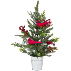 NORTHLIGHT Pre-Lit Led Mixed Pine Potted Christmas Tree With Berries And Cardinals - 2' - Warm Lights In White