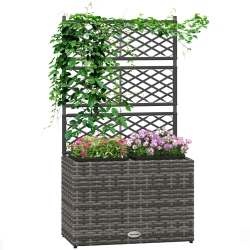 OUTSUNNY 22L Raised Garden Box \w Trellis, Pe Rattan Free Standing Flower Raised Garden Bed \w Two Plant Boxes, Garden Planter Box for Climbing