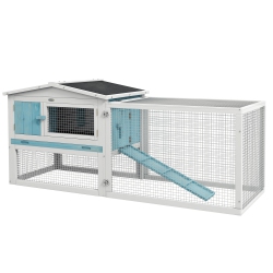 PAWHUT 61" L 2-Story Rabbit Hutch Bunny Cage Small Animal House With Pull Out Tray, Detachable Run, Ramp, for Indoor Outdoor In Light Blue