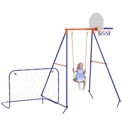 OUTSUNNY 3 In 1 Metal Swing Set \w Swing Seat, Basketball Hoop And Football Goal, Ground Stakes, Kids Swing Set for Backyard, Outdoor, Playground