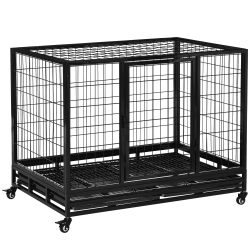 PAWHUT Heavy Duty Dog Crate Cage for Large Dogs Cats With Two Doors, Lockable Wheels, Removable Tray, 43" X 30" X 32