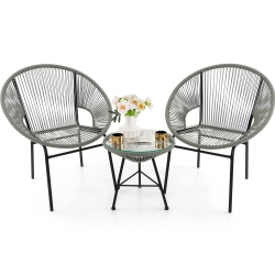 COSTWAY 3PCs Patio Acapulco Furniture Bistro Set Plastic Rope Glass Table