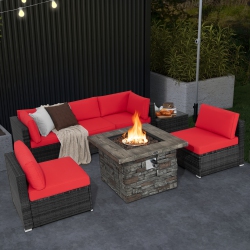COSTWAY 7 PCs Patio Furniture Set With 50, 000 Btu Fire Pit Table Wicker Sofa Set With Cushions Black/navy/red/turquoise/off In White