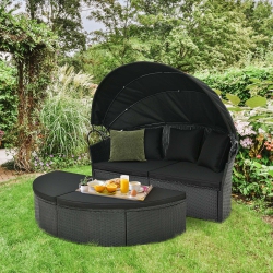 COSTWAY Patio Round Daybed With Retractable Canopy Rattan Sectional Seating Black/white