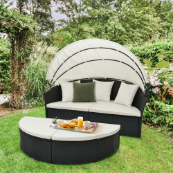 COSTWAY Patio Round Daybed With Retractable Canopy Rattan Sectional Seating Black/white