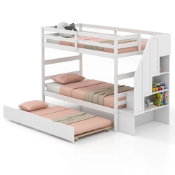GYMAX Twin Over Twin Wooden Bunk Bed W/ Trundle Storage Stairs Convertible