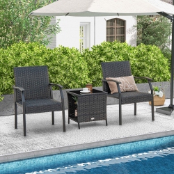 COSTWAY 3 PCs Patio Conversation Set Wicker Chair Tempered Glass Table Cushioned Seat Quick Dry Foam All Weather