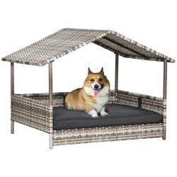 PAWHUT Rattan Dog House Outdoor With Canopy, Wicker Dog Bed With Water-Resistant Cushion, for Small And Medium Breeds Dark In Grey