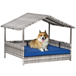 PAWHUT Rattan Dog House Outdoor With Canopy, Wicker Dog Bed With Water-Resistant Cushion, for Small And Medium Breeds Dark In Blue