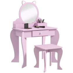 QABA Kids Vanity Set With Mirror And Stool, Makeup Vanity Table for Children 3-6 Years Old, With Drawer Storage Boxes, Cat-Design