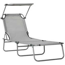 OUTSUNNY Outdoor Lounge Chair, Adjustable Folding Chaise Lounge, Tanning Chair With Sun Shade for Beach, Camping, Hiking, Backyard, Light In Grey