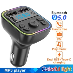 SUPERSHIELD Fm Transmitter Bluetooth 5.0 Handsfree Car Kit Colorful Ambient Light Type C Dual USB Fast Charging Music Car Mp3 Player