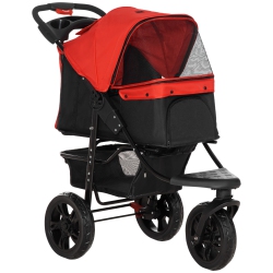 PAWHUT 3 Wheel Dog Stroller, Folding Pet Stroller With Adjustable Canopy, Storage Basket, Mesh Window, Cupholder, for Small Dogs & Cats In Red