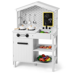 COSTWAY Kids Farmhouse Kitchen Play Set Wooden Pretend Toy With Storage & Accessories