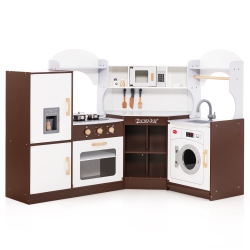 COSTWAY Corner Play Kitchen With Ice Maker Microwave Oven for Kids 3+ Years Old Wooden Toy