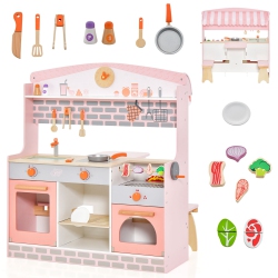 COSTWAY 2 In 1 Kids Play Kitchen & Restaurant Double-Sided Pretend Playset With Canopy