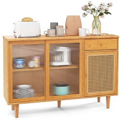 COSTWAY Buffet Sideboard Cabinet Rattan Console Table With Sliding Doors Storage Drawer