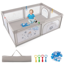GYMAX Large Baby Playpen Kids Play Yard Activity Center 81" X 57.5" Penguin Pattern In Gray