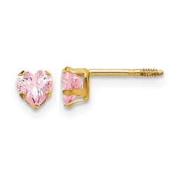 GEM AND HARMONY 4MM Heart Shaped Pink Cubic Zirconia (Cz) Solitaire Stud Earrings In 14K Gold In Yellow