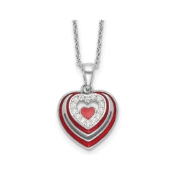 GEM AND HARMONY Sterling Silver Heart Pendant Necklace With Cubic Zirconia (Cz)S And Enamel With Chain In Red