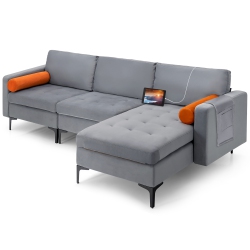 COSTWAY Modular L-Shaped Sectional Sofa With Reversible Chaise & 2 USB Ports Ash In Grey