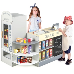 GYMAX Kids Wooden Grocery Store Playset W/ Realistic Checkout Counter Vending Machine