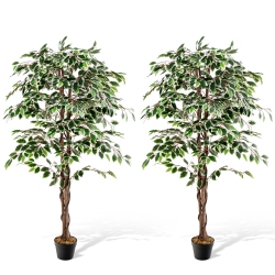 GYMAX Artificial Ficus Tree Tall Faux Indoor Plant W/ 1008 Leaves Natural Wood Trunk