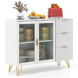 GYMAX Buffet Server Sideboard W/ 2 Tempered Glass Doors & 3 Drawers for Kitchen In White