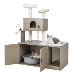 GYMAX Cat Tree With Litter Box Enclosure 2-In-1 Modern Cat Tower With Cat Condo