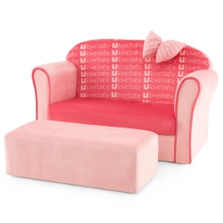 GYMAX Kids Double Sofa Velvet Upholstered Sofa Couch W/footstool & Armrests In Pink