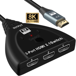 HLD 8K HDMI 2.1 Switch, HDMI Switch 4K 3 Port HDMI Switcher Selector Box \w Pigtail Cable, Supports 8K60Hz, 4K 48GBps High Speed for Ps4/5 Roku Xbox