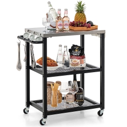 GYMAX 3-Tier Outdoor Grill Cart On Wheels W/ Stainless Steel Top & Handle 3 Hooks Patio