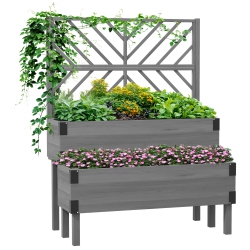 OUTSUNNY Raised Garden Bed With Trellis, 2 Tier Wooden Elevated Planter Box With Legs And Metal Corners for Vegetables, Flowers, Herbs In Grey