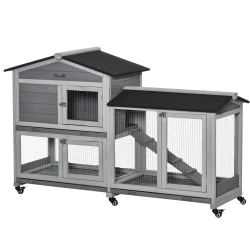 PAWHUT 62" Wooden Rabbit Hutch, Bunny Cage With Wheels, Run Box, Tray, Ramp for Small Animals, Guinea Pig, Indoor Outdoor Use, Light In Grey