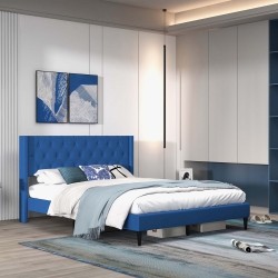 COSTWAY Queen Size Upholstered Platform Bed With Button Tufted Wingback Headboard