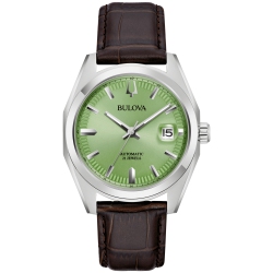 BULOVA Mens Surveyor Automatic Watch 39MM Silver-Tone Stainless Steel Case Brown Leather Strap With Dial (96B427) In Green