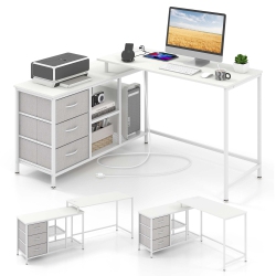 COSTWAY L-Shaped Computer Desk With Power Outlet, Drawers, Metal Mesh Shelves