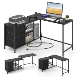 COSTWAY L-Shaped Computer Desk With Power Outlet, Drawers, Metal Mesh Shelves