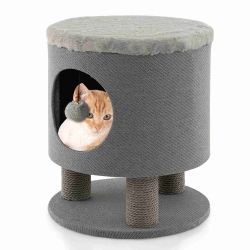COSTWAY 3-In-1 Cat Condo Stool Kitty Bed With Scratching Posts & Plush Ball Toy