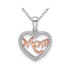 GEM AND HARMONY 14K And Pink Gold Mom Heart Pendant Necklace With Chain And Diamonds In White