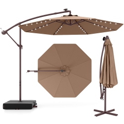 COSTWAY Patio 10Ft Hanging Offset Umbrella 32 Led Lights Bag Outdoor Cross Base In Sand