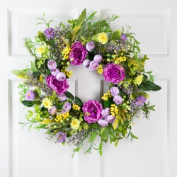 NORTHLIGHT Peony Mixed Floral Springtime Wreath - 24" - Purple And In Yellow