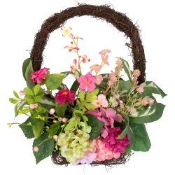 NORTHLIGHT Leafy Hydrangea Floral Spring Hanging Basket - 16" - In Pink