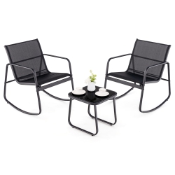 GYMAX 3 Piece Rocking Bistro Set Patio Furniture Set W/ 2 Rocking Chairs & Glass-Top Coffee Table