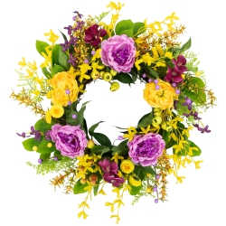 NORTHLIGHT Peonies And Forsythia Spring Wreath - 24" - And Purple In Yellow