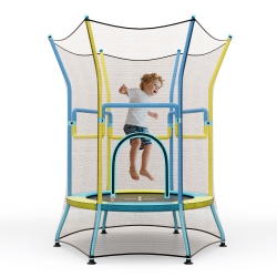 GYMAX Kids Mini Trampoline W/ 59" Higher Enclosure Net Seamless Jumping Mat Zipper Door & Blue In Yellow