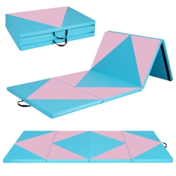 GYMAX Gymnastics Gym Mat 4-Panel Folding Lightweight Gymnastics Tumbling Mat W/ Hook & Pink In Blue
