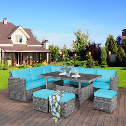 COSTWAY 7 PCs Patio Rattan Dining Set Sectional Sofa Couch Ottoman Garden In Turquoise