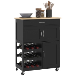 HOMCOM Kitchen Island On Wheels, Rolling Kitchen Cart With Drawer, 9-Bottle Wine Rack, Storage Cabinets, Wooden Countertop (Black)